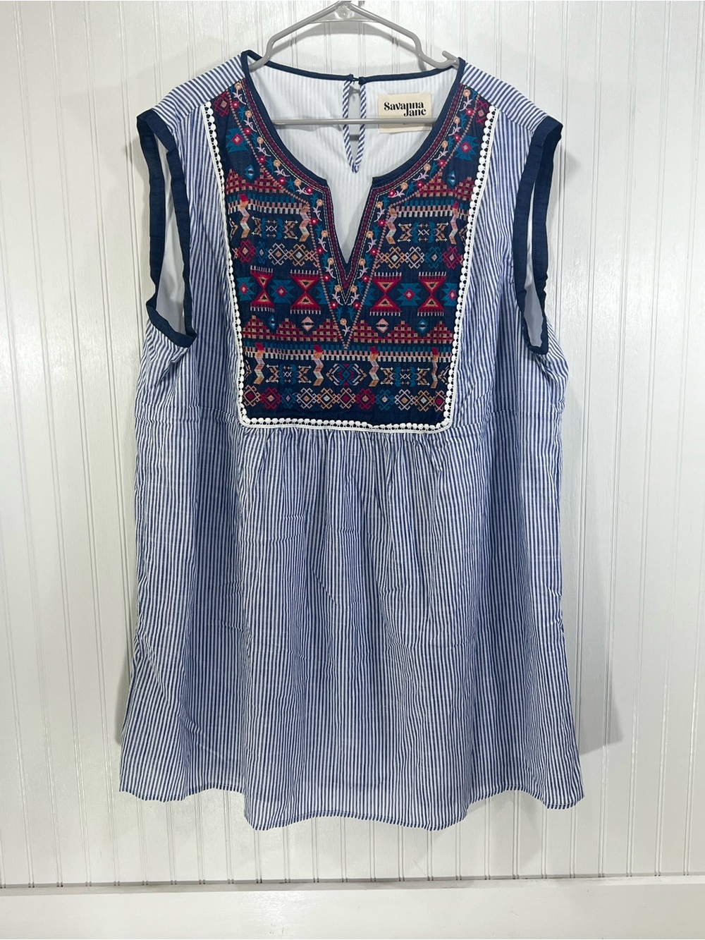 Savanna Jane 3X Embroidered Striped Boho Dress Blue White